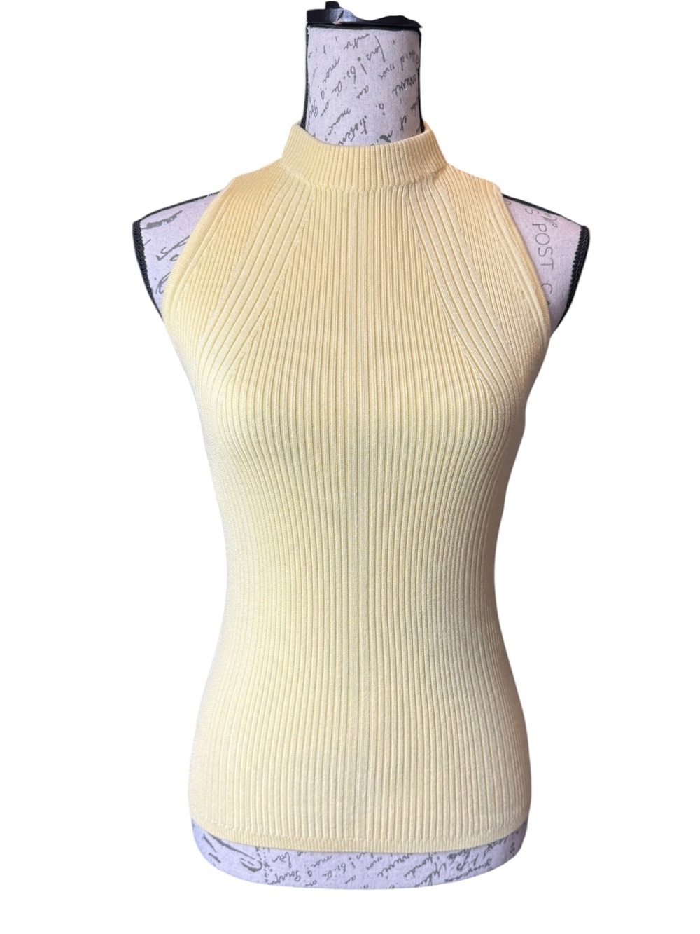 WHBM Sleeveless Ribbed Mock Neck Top in Pale Yellow Size Small